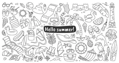 Summer elements. Beach icons. Sea vacation line drawings. Sunny holiday. Fruit Stock Illustration