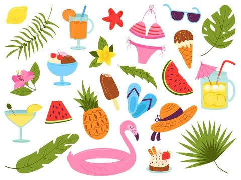 Summer elements collection. Hawaii style, seaside tropical stickers. Beach drink Stock Illustration