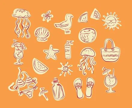 Summer Elements Doodle Set Beach, Fruit, jellyfish, seagull, Flat Vector Desi 스톡 일러스트
