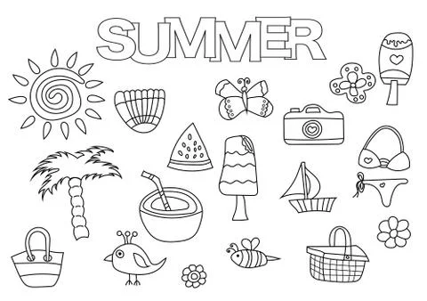 Summer elements hand drawn set. Coloring book template.  Outline doodle Stock Illustration