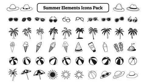 Summer Elements Icons Pack, Silhouette Design Stock Illustration