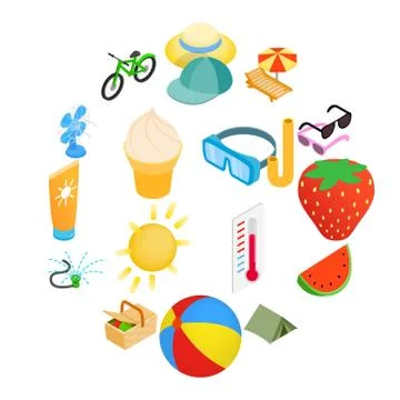 Summer elements icons set, isometric 3d style Stock Illustration