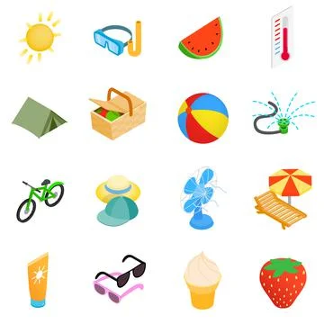 Summer elements icons set, isometric 3d style Stock Illustration