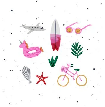 Summer elements set airplane, surfboard, sunglasses vivid Illustrazione stock
