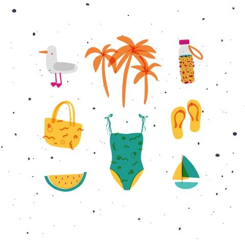 Summer elements set seagull, swimsuit, slippers color Illustrazione stock