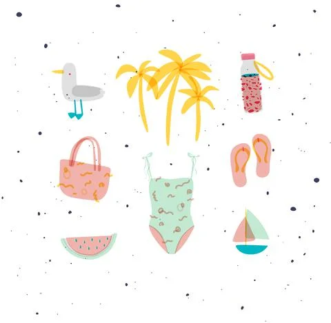 Summer elements set seagull, swimsuit, slippers Illustrazione stock