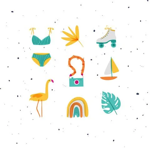 Summer elements set swimsuit, rollers, camera color Illustrazione stock