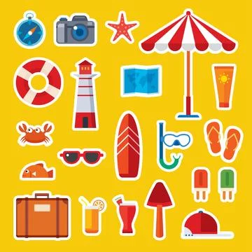Summer elements signs and symbol stickers flat icon. Stock Illustration