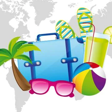 Summer elements travel over map background. vector illustration Stock Illustration