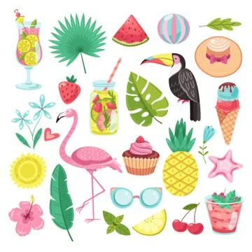 Summer elements. Tropical vacation stickers. Flamingo, ice cream and pineapple Stock Illustration
