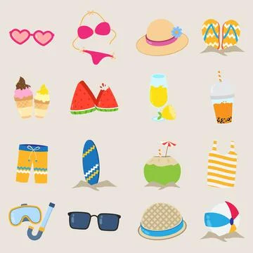 Summer elements vacation items set Stock Illustration