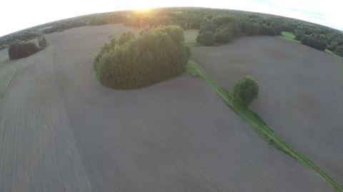 Summer end sunset over sowed farmland fields, aerial view Stock Footage 79682094