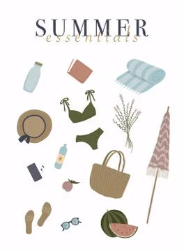 Summer essentials set for beach. Vector illustration. Stock Illustration