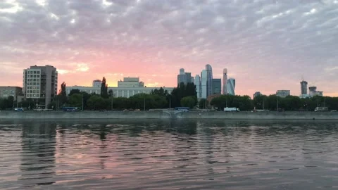 Summer evening in Moscow. View on river and Moscow International Business Center Stock Footage 133503515