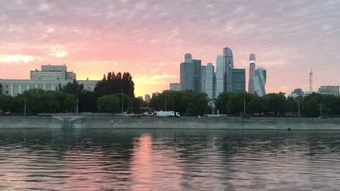 Summer evening in Moscow. View on river and Moscow International Business Center Stock Footage 133503519