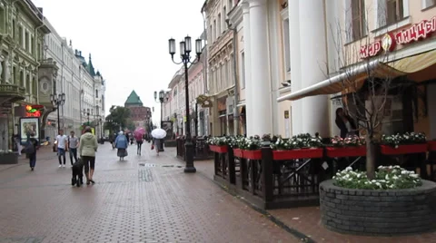 Summer evening rain at historical pedestrian street Bolshaya Pokrovskaya Stock Footage 32188315