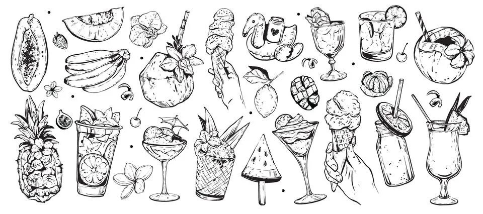Summer exotic cocktail set, vector hand drawn doodle tropical dessert Stock Illustration