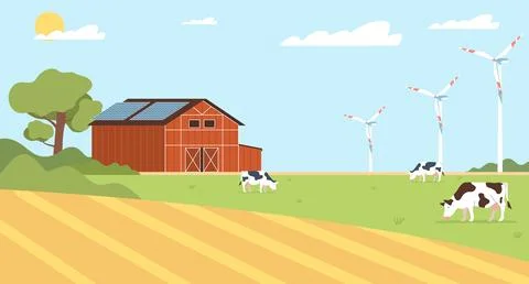 Summer farm landscape with fields, meadows panorama, pastures with cows and Stock Illustration