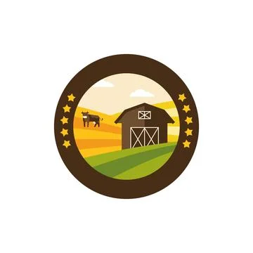 Summer farm landscape vector icon, green field with red house and haystacks イラスト素材