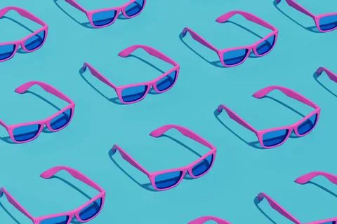 Summer Fashion Concept. Repeating Pattern Of Pink Sunglasses With Blue Lens.. Stock Illustration
