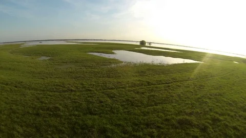 Summer field and river landscape aerial view Video stock 73483092