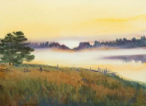 Summer field with herbs by the river Stock Illustration