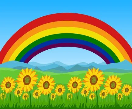 Summer field rainbow background bright sky Stock Illustration