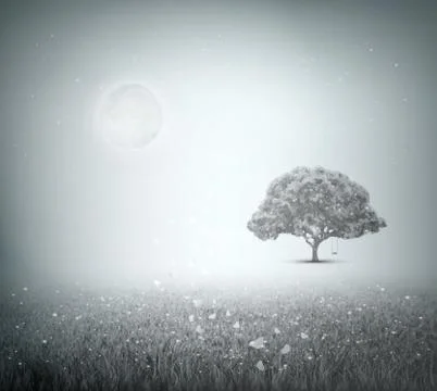 Summer, Field, Sky, Tree, Grass, Moon, Evening Stock Illustration