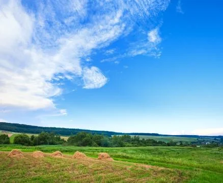Summer fields with haystacks Stock Photos