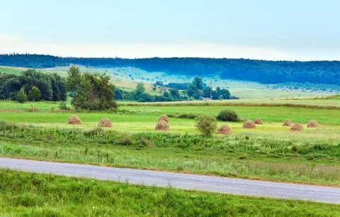 Summer fields with haystacks Stock Photos