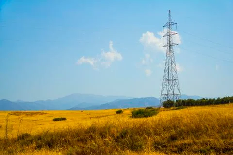 Summer fields landscape with electric pole Stock Photos