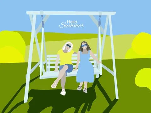 Summer fields landscape with two woman on a swing. Stock Illustration