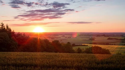 Summer fields landscape view over danish farm land at sunset timelapse Stock Footage 158650055