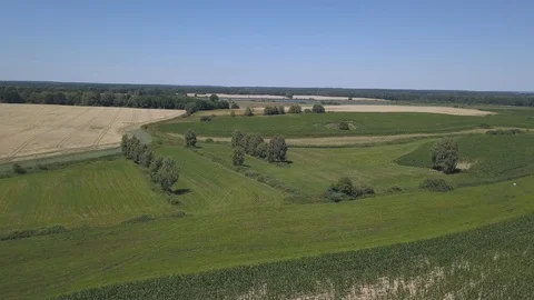 Summer fields at sunny day. 4k aerial. Stockbeeldmateriaal 91835287