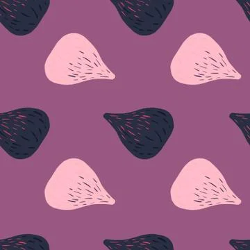 Summer fig simple shapes seamless pattern. Purple background. Exotic fruit el Illustrazione stock