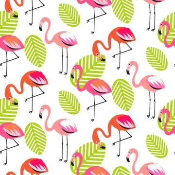 Summer flamingo and leaves seamless pattern Stock Illustration