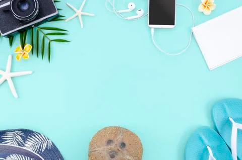Summer flat lay beach background. Let's travel. Happy summer vacations concept. Stock Photos