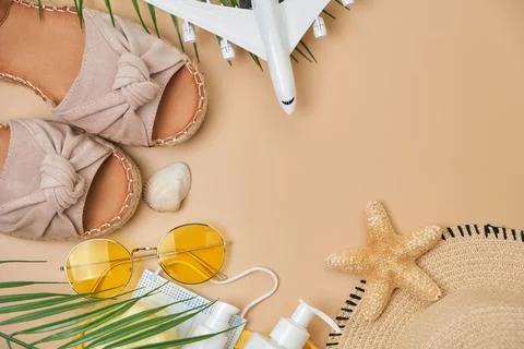 Summer flat lay. copy space. Trendy Sun protection accessory. Stock Photos