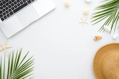 Summer flat lay. Work and travel concept. Rest, sea, sun, beach and work. Frame Stock Photos
