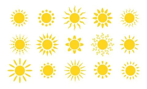 Summer flat sun logo. Yellow suns circles, bright natural lighting objects Ilustración de archivo