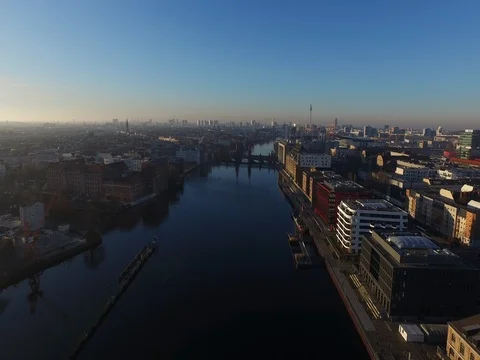 A summer flight with the drone above Berlin Oberbaumbruecke, Osthafen, aerial. Video stock 80058282