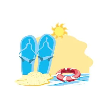 Summer flip flops accessory in the beach with float Stock Illustration