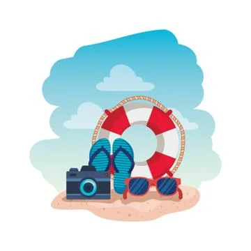 Summer flip flops with camera and float Stock Illustration