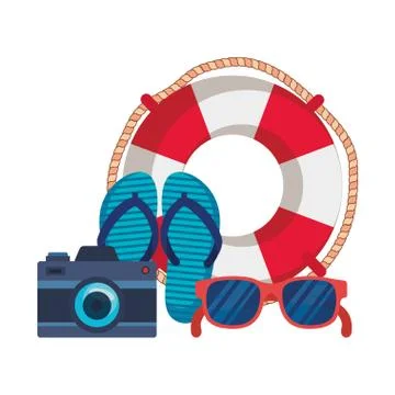 Summer flip flops with camera and float Stock Illustration