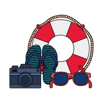 Summer flip flops with camera and float Stock Illustration