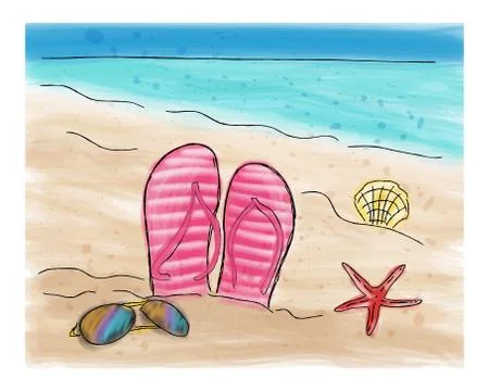 Summer flip flops in the sand on the beach. Stock Illustration