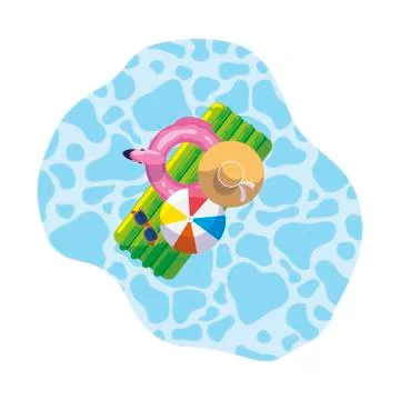 Summer float pad with balloon and hat floating in pool Stock Illustration