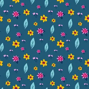 Summer floral ditsy vector repeat pattern on blue Stock Illustration
