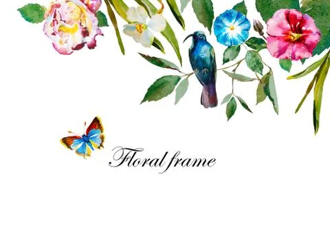 Summer floral header frame background with watercolor flowers rose, mallow Illustrazione stock