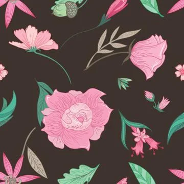 Summer Floral Pattern on Brown Background Stock Illustration
